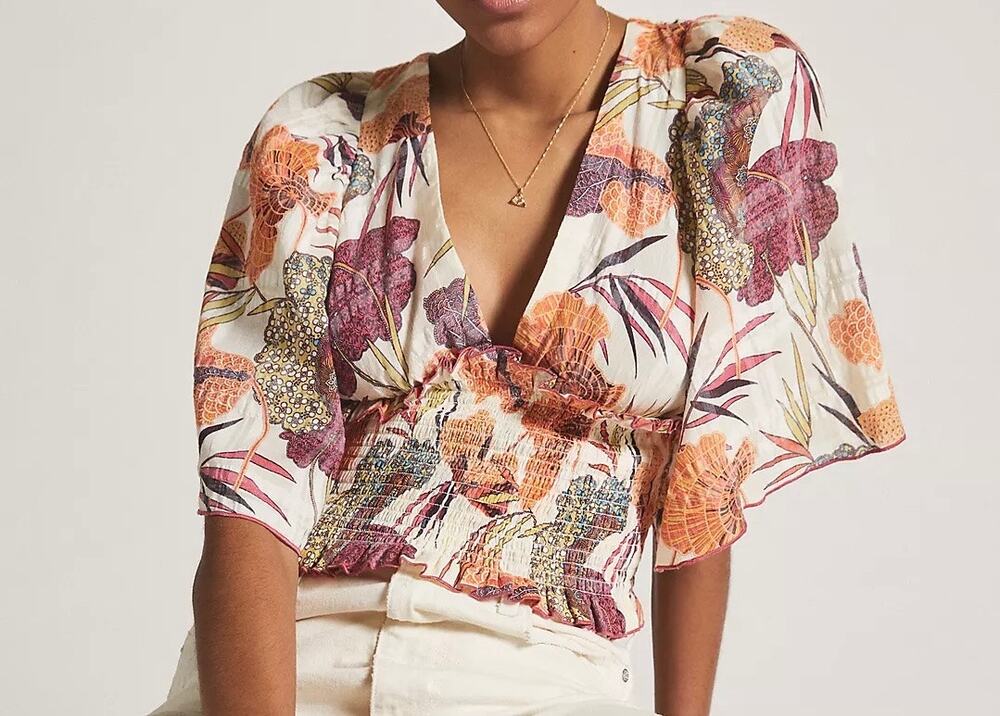 Anthropologie Plunging V-Neck Smocked Kimono Blouse Size XL